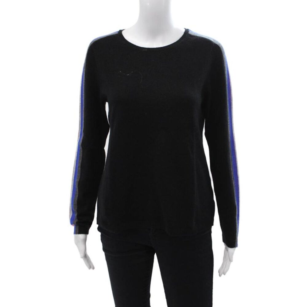 LT Women Black 100% Cashmere Striped Pullover Sweater Crewneck Size S